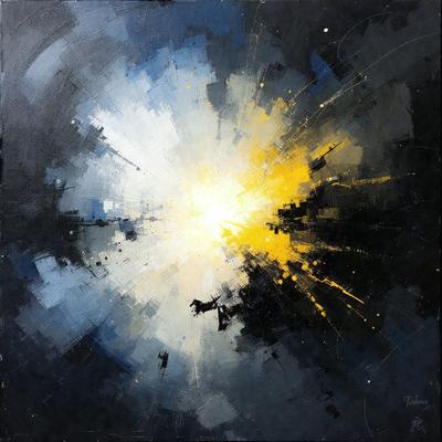The primary subject of the image is a painting of a sunset. The setting is a dark sky, and the background features a cityscape. The visual style is a combination of digital art and illustration, creating a vibrant and dynamic scene. The dominant colors are yellow, orange, and blue, which contribute to the warm and inviting atmosphere of the painting.
